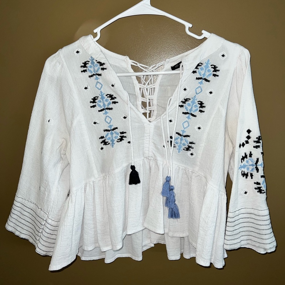 White with Blue Floral Thread Work Cropped Top